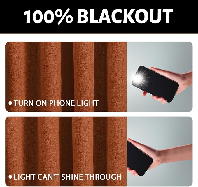 Yakamok Burnt Orange Linen Curtains 100% Blackout 84 Inches Long, Room
