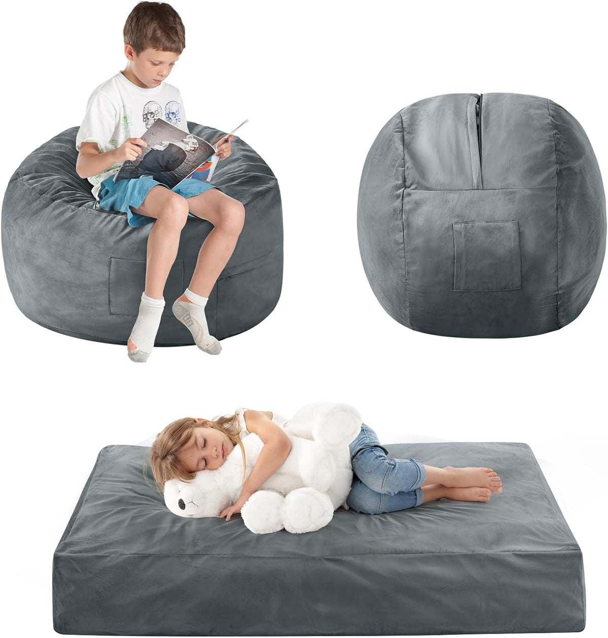 Kids Bean Bag Chair Bed - Convertible Lazy Chair to Floor Mattress with Filler - Small Beanbag Chair for Boys and Girls - Floor Couch Sofa in Bedroom, Classroom, Reading Nook - Charcoal