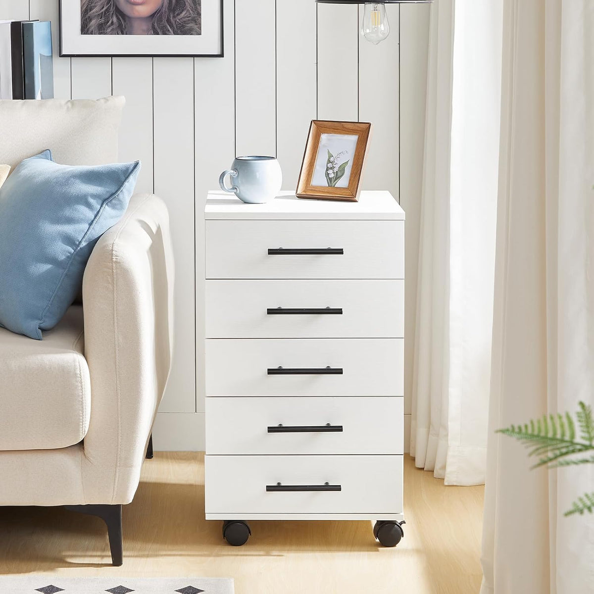 HOOBRO 5-Drawer File Cabinet, Office Filing Cabinet with Drawers, Wooden Mobile Storage Cabinet with Wheels, for Makeup, Home Office, Easy Assembly, White WT05WJ01G1
