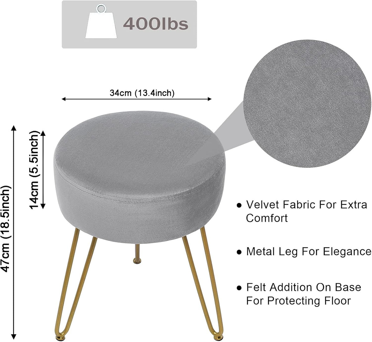 GERANT Multifunctional Vanity Stools - Velvet Round Ottoman Modern Dressing Stool -Upholstered Footrest Stool - Side Table Footstool with Golden Metal Leg for Living Room, Bedroom (Gray)