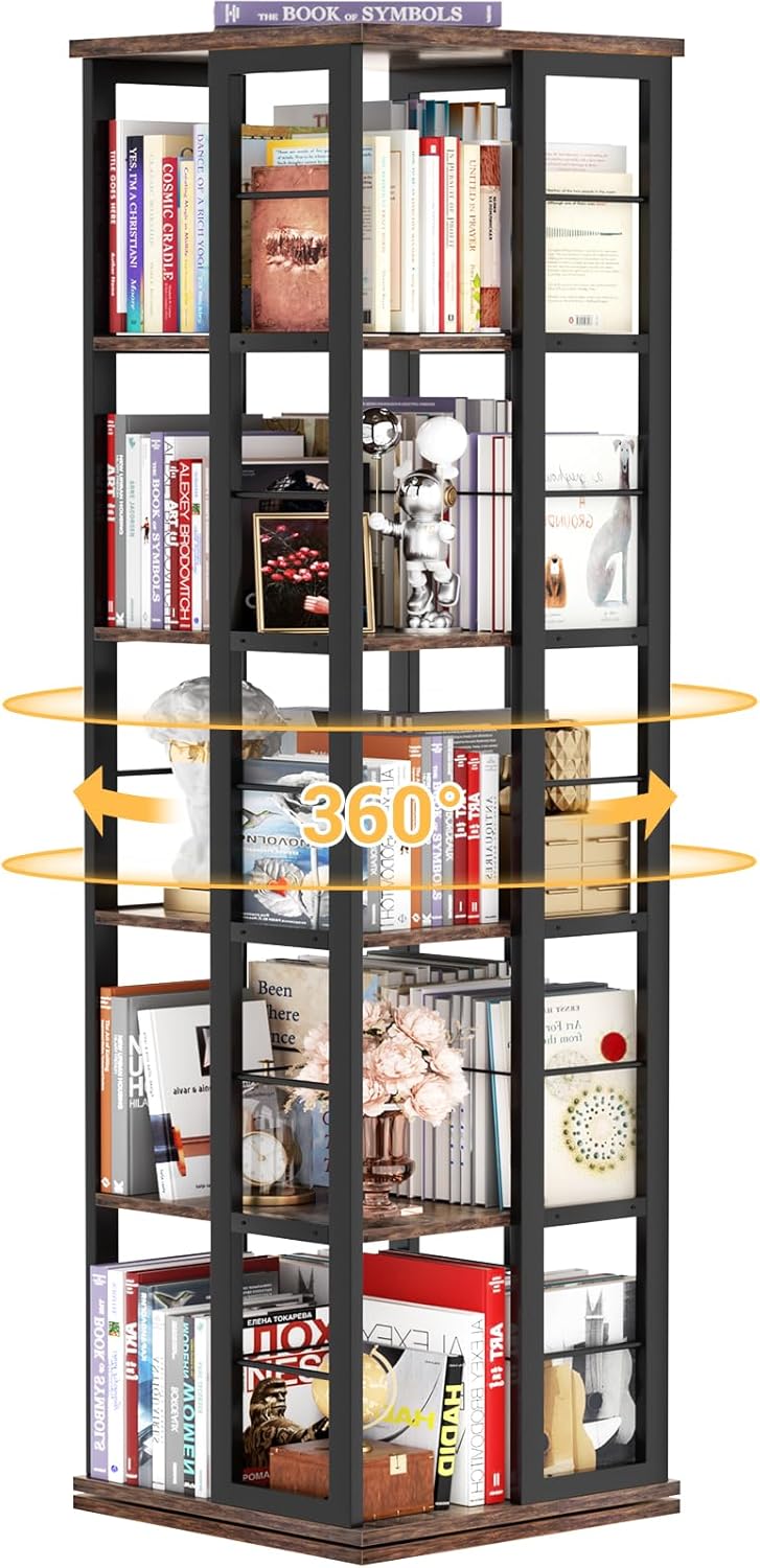 Aheaplus Rotating Bookshelf, Corner Bookcase, 360 Display Wood Spinning Bookshelves, Floor Standing Bookcase Narrow Shelf,5 Tiers, Rustic Brown