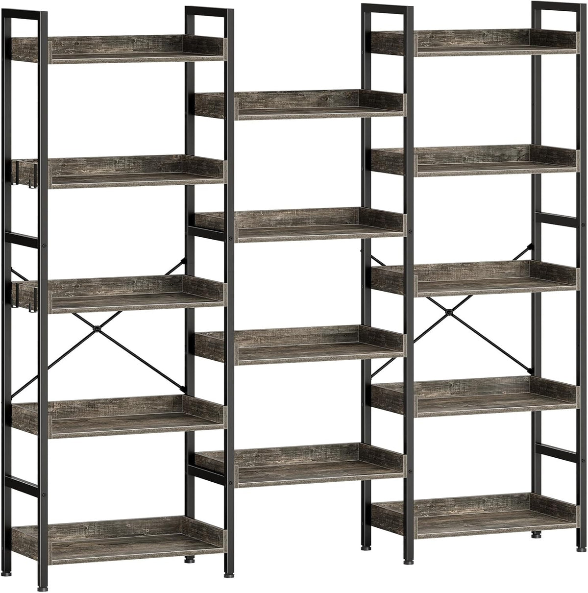 Rolanstar Bookshelf 5 Tiers, Triple Bookcase with Open Display Shelves, Industrial Wide Bookshelf with Metal Frame for Living Room, Office, Grey