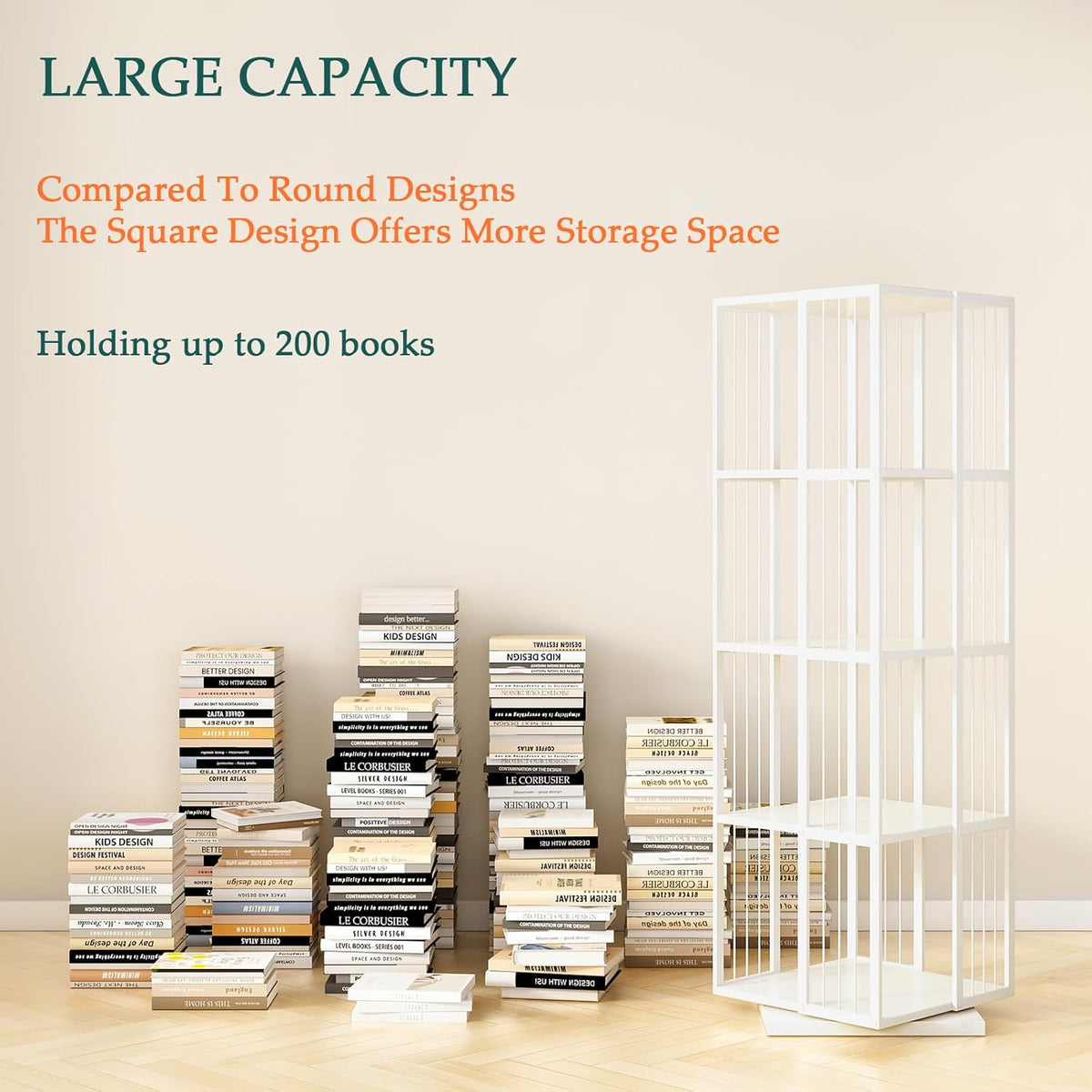 Square Rotating Bookshelf Tower - 360 Spinning Display Corner Bookcase for Narrow Space, Modern 4-Tier Revolving Storage Shelf, White