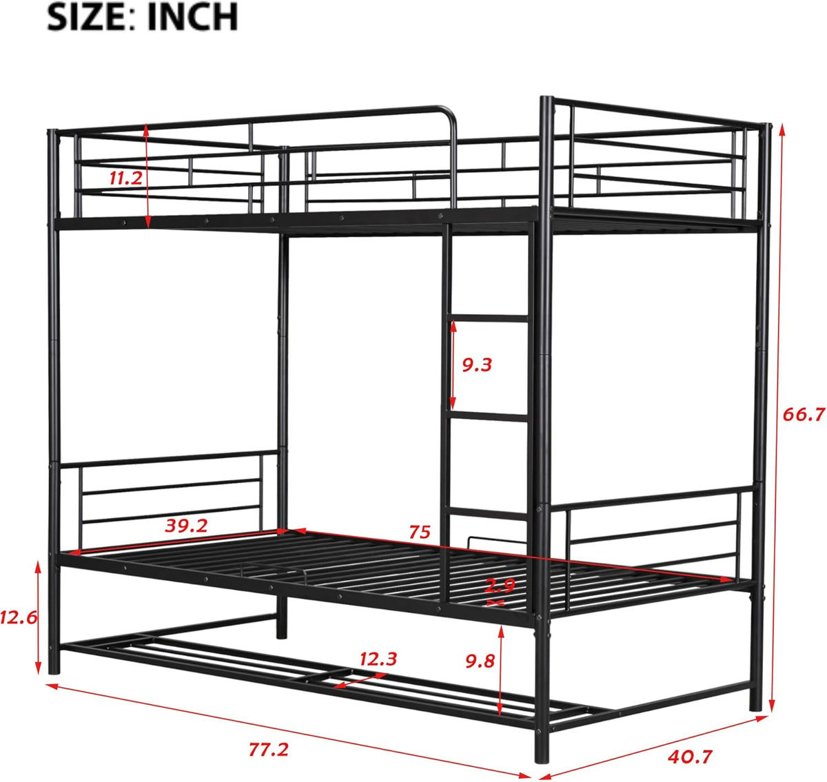 Twin Over Twin Metal Bunk Bed with Shelf and Guardrails, Heavy-Duty Steel Bed Frame,Built-in Ladder,Can Be Divided into 2 Separate Beds,for Kids Teens Adults,Black