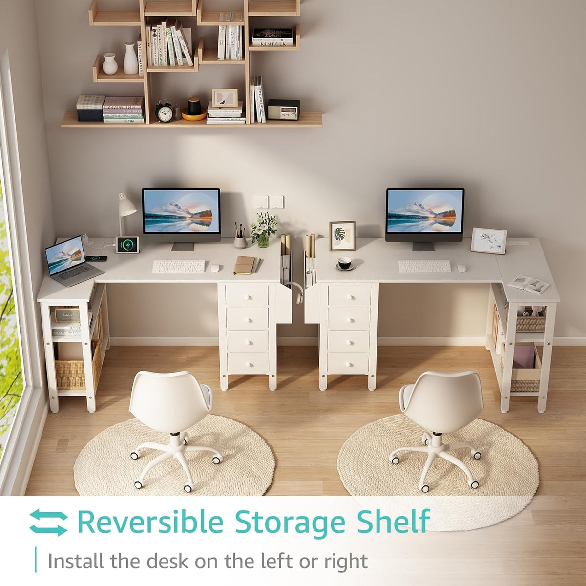 Lufeiya White L Shaped Computer Desk with Drawers & Storage Shelves, 47 Inch Corner Reversible Desk with Power Outlet for Home Office Bedroom, L-Shaped Teen PC Desks with Fabric Drawer, White