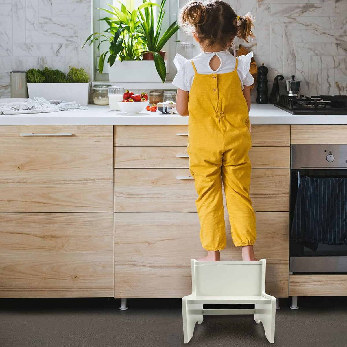 WOOD CITY Wooden Toddler Step Stool for Kids, Grey Two Step Children's Stool with Handles, Bonus Non-Slip Pads for Safety, Bathroom Potty Stool & Kitchen Step Stools Dual Height…