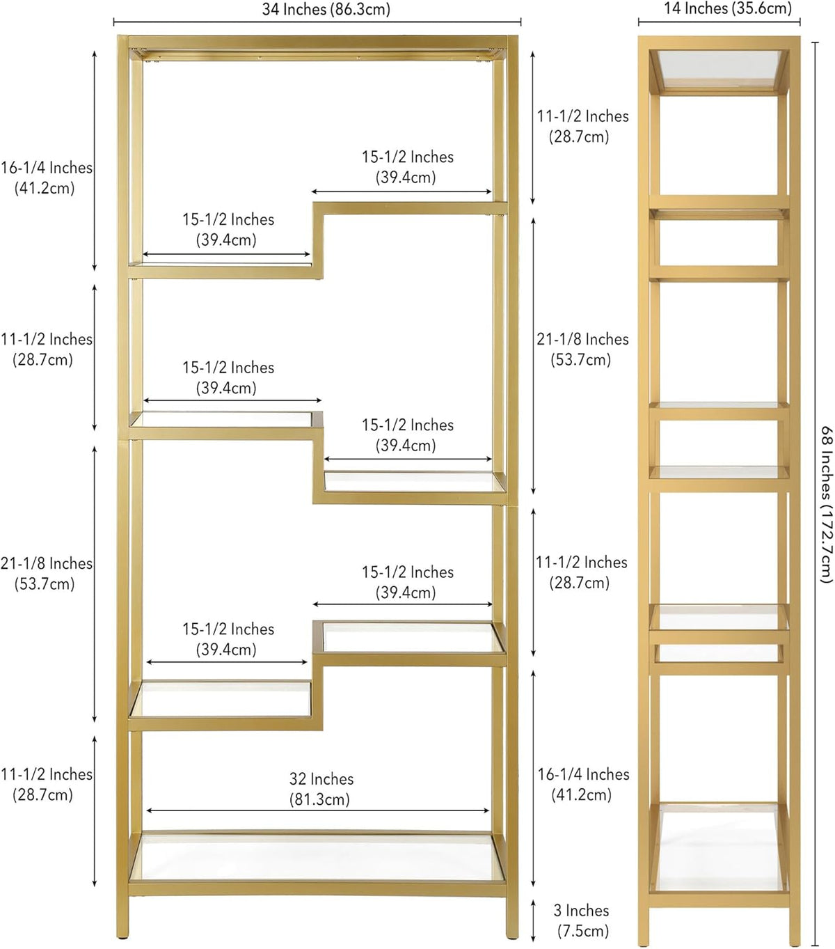 Henn&Hart 68" Tall Rectangular Bookcase in Brass, for Home Office, Living Room