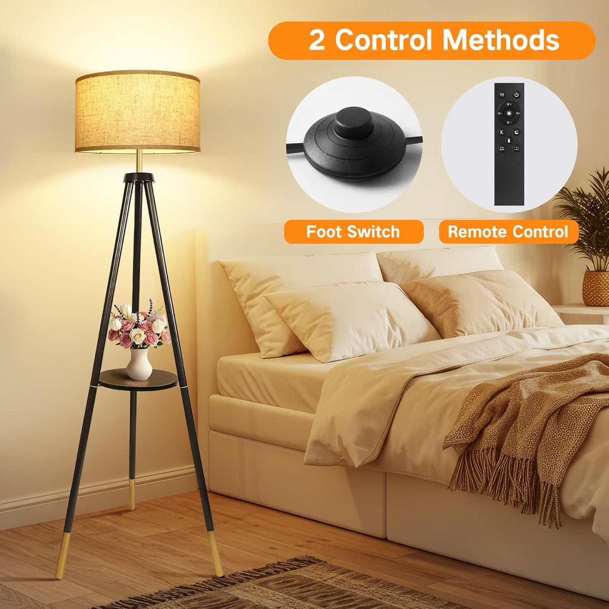 OUTON Wood Tripod Floor Lamp with Shelves, Mid Century Floor Lamp with Remote Control, 4 Color Temperature, LED Modern Dimmable Standing Lamp for Living Room, Bedroom, Office, Black & Gold