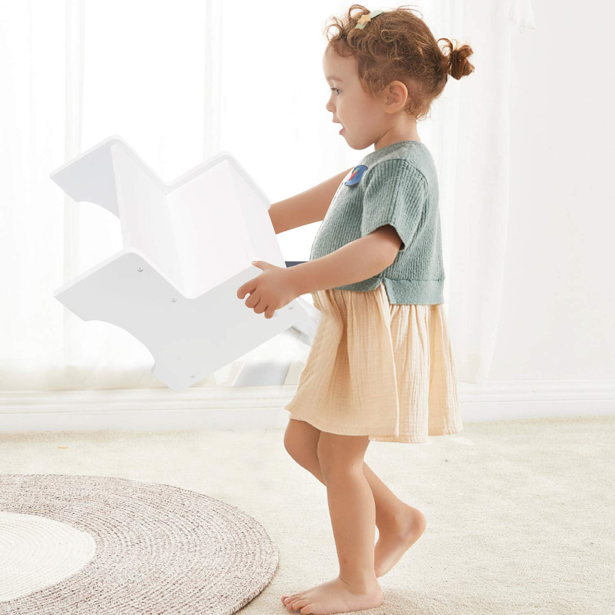 WOOD CITY Toddler Step Stool, Wooden 2 Step Stools for Bathroom Sink Potty Training Kitchen Dual Height Stool Helper for Kids Bonus Non-Slip Pads and Handles for Safety (White)