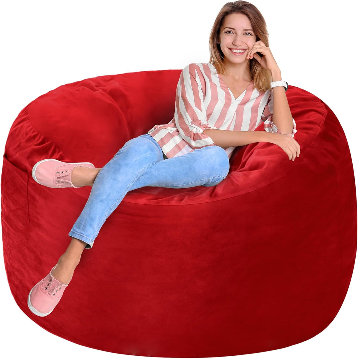 Homguava 3FT Bean Bag Chair: 3' Bean Bags with Memory Foam Filled, Large Beanbag Chairs Soft Sofa with Dutch Velet Cover-Red