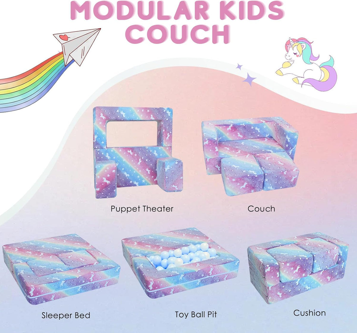MeMoreCool Glow in The Dark Kids Couch, Rainbow Fold Out Toddler Sofa, Modular Play Couch for Bedroom and Playroom, Baby Sofa Kids Furniture
