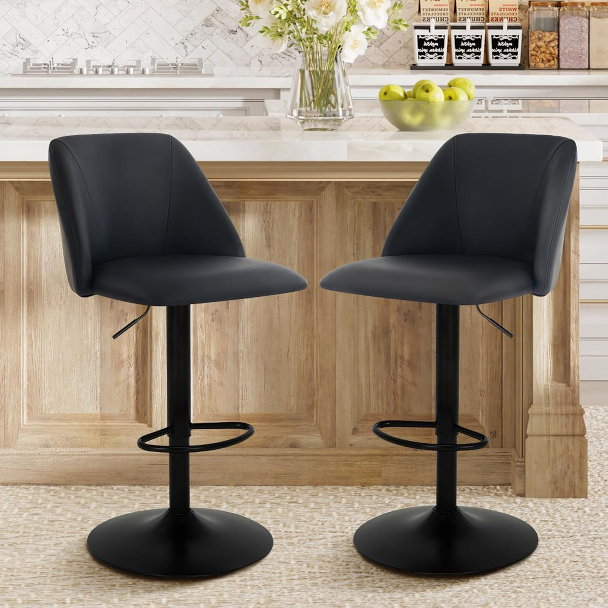 COLAMY Bar Stools Set of 2, Modern Swivel Bar Chairs, Adjustable PU Leather Upholstered Barstools Counter Height with Full Backrest for Bar, Dining Room, Kitchen Island, Black