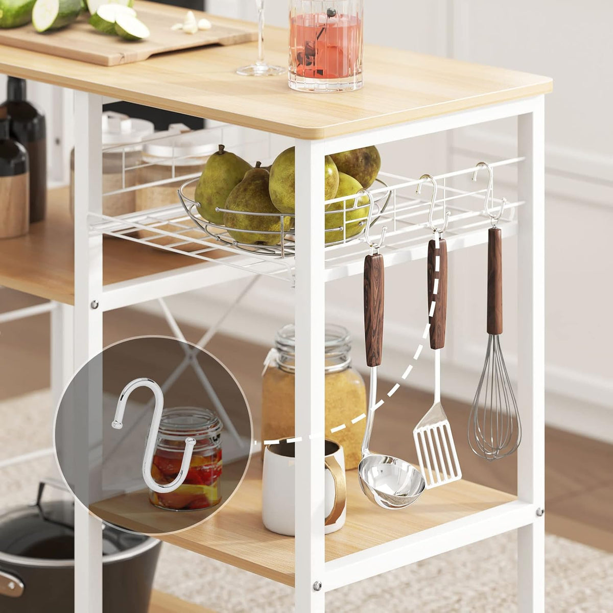 soges Kitchen Bakers Rack with 5 Hooks, Microwave Stand, Coffee Bar Station, Industrial Storage Shelf with Wire Basket, Adjustable Feet, Sturdy Metal Frame for Kitchen, Pantry, Living Room, White Oak