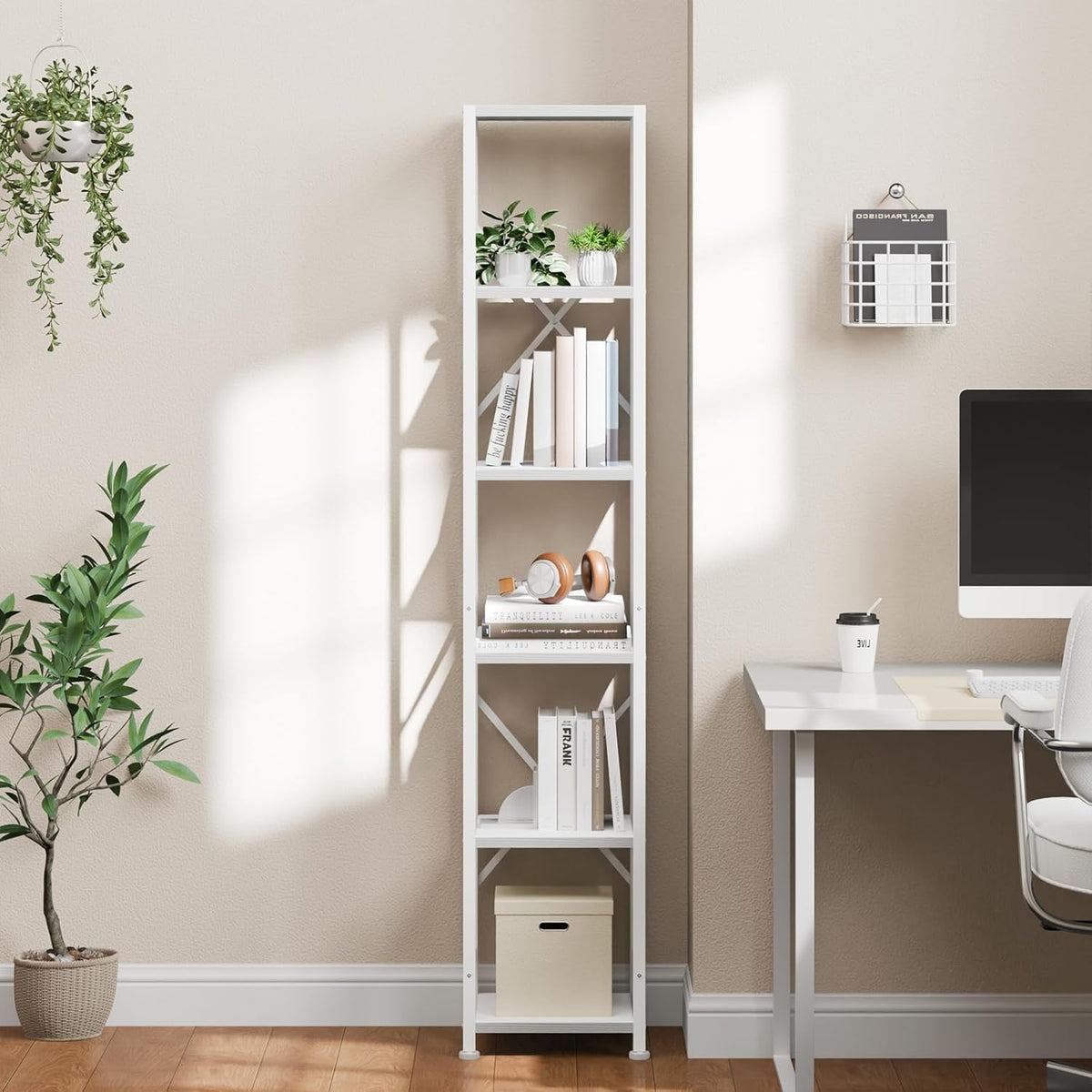 Furologee White Bookshelf 6 Tier Tall Narrow Bookcase, Modern Display Standing Shelf Unit, Metal and Wooden Storage Corner Shelves Organizer for Bedroom, Living Room, Office, Bathroom
