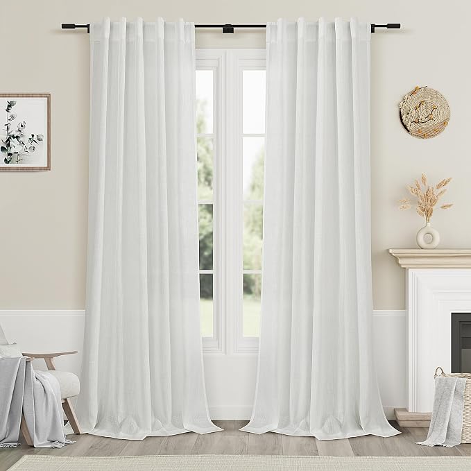 Off White Linen Sheer Curtains 102 Inches 2 Panels Set Back Tab Rod Pocket