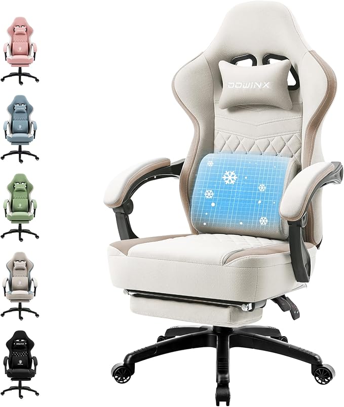 Dowinx Gaming Chair Breathable Fabric Game Chair with Gel Pad and Storage Bag, Comfortable Gamer Chair with Pocket Spring Cushion,Ergonomic Computer Chair with Footrest,Beige
