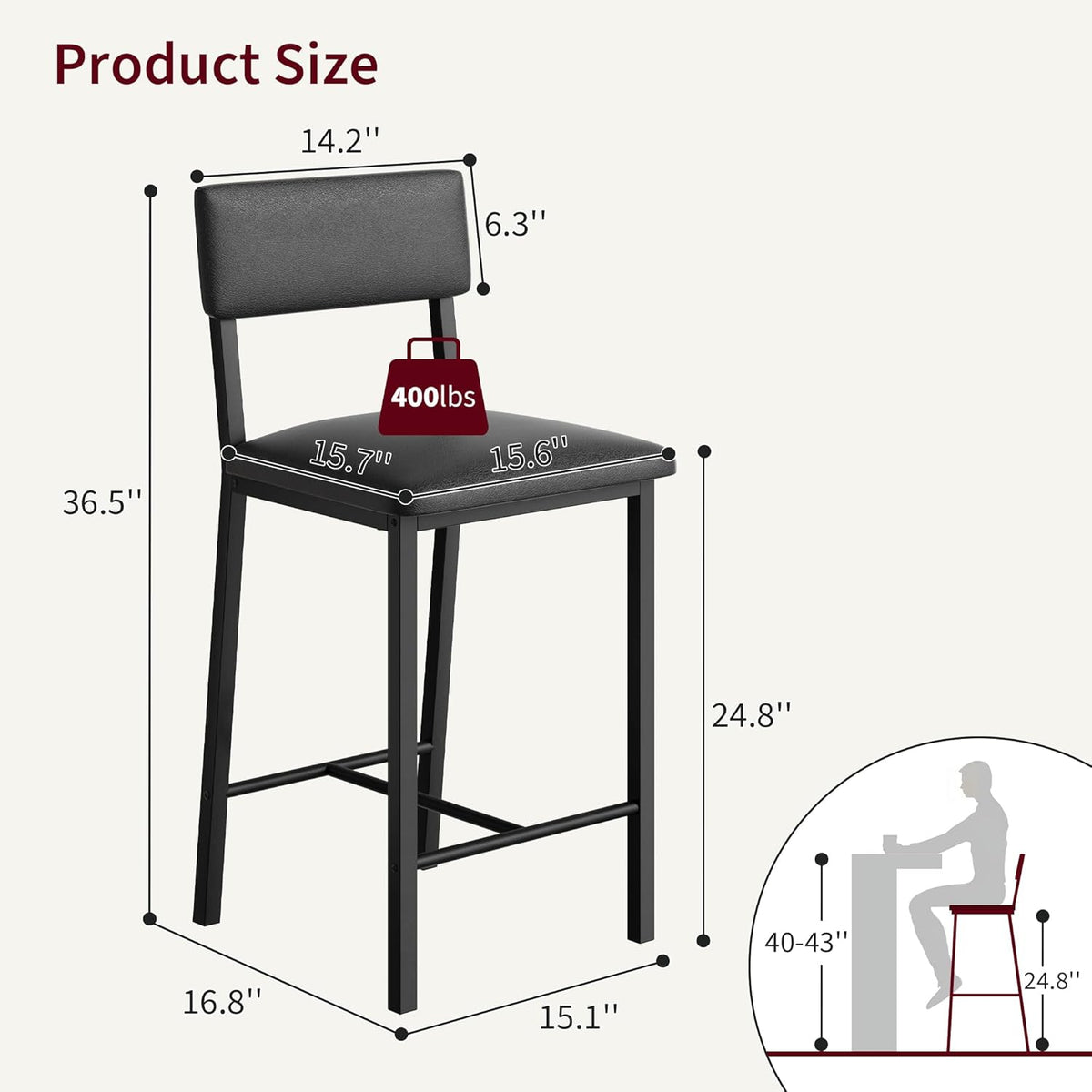 GarveeHome Bar Stools Set of 2, Counter Stools with Back and Thickened Metal Legs, Upholstered PU Leather Counter Height Barstools with Footrest, for Kitchen Island, Bar, Black