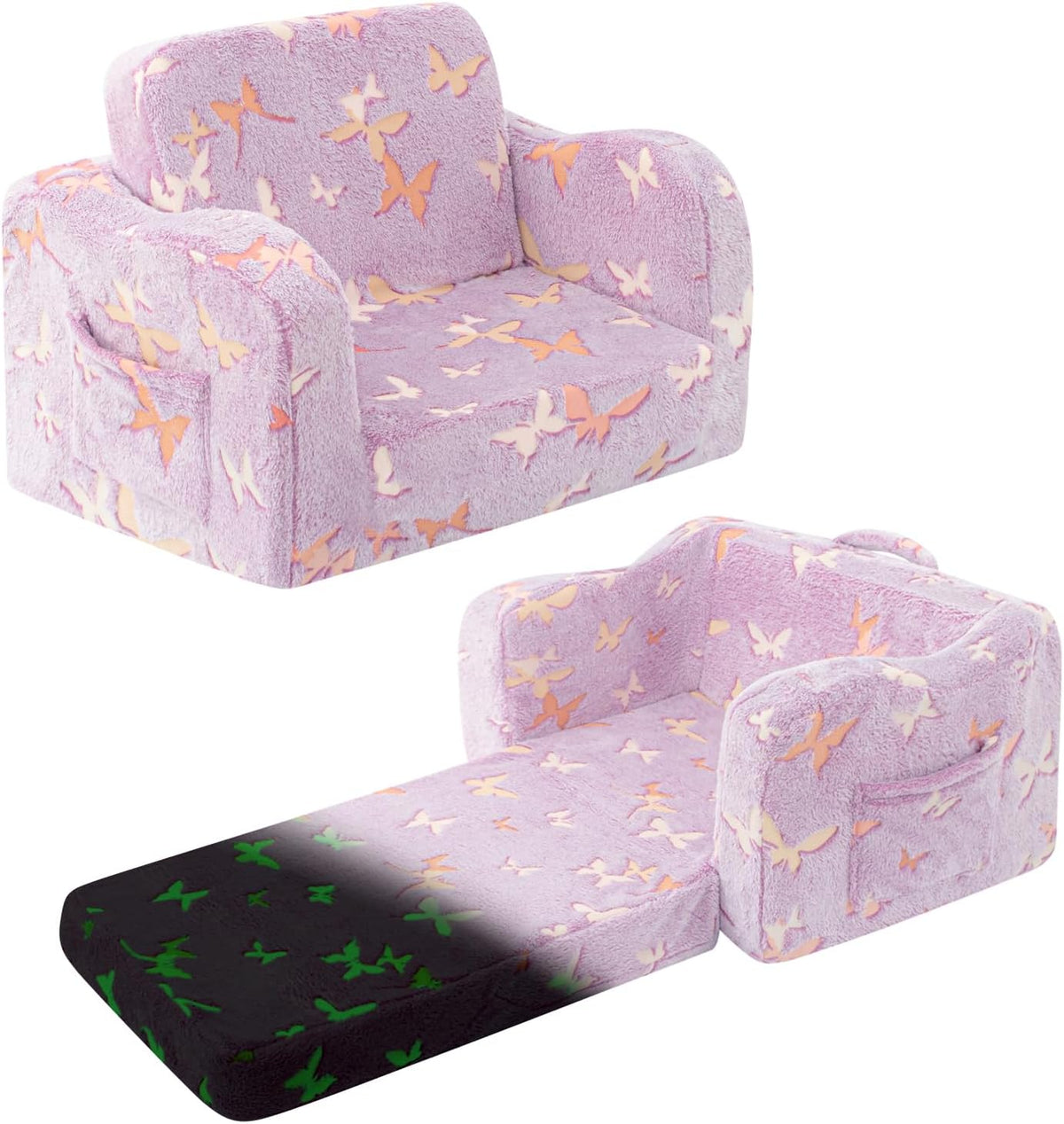 Kids Toddler Chair, 2-in-1 Toddler Couch Fold Out, Convertible Chairs for Toddlers Comfy Sofa to Lounger with Glow in The Dark Feature, Soft for Girls and Boys, Glowing Butterfly
