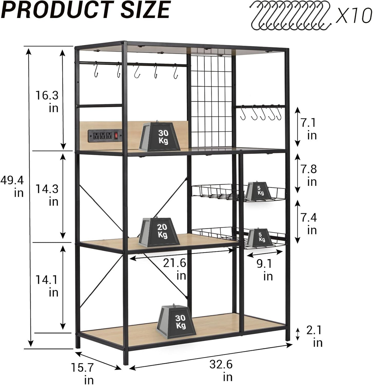 Bakers Rack with Power Outlet, Microwave Stand with Storage, Coffee Bar Organizer Cabinet with Wire Basket, Kitchen Shelf for Spices, 10 Hooks, Industrial, White Maple