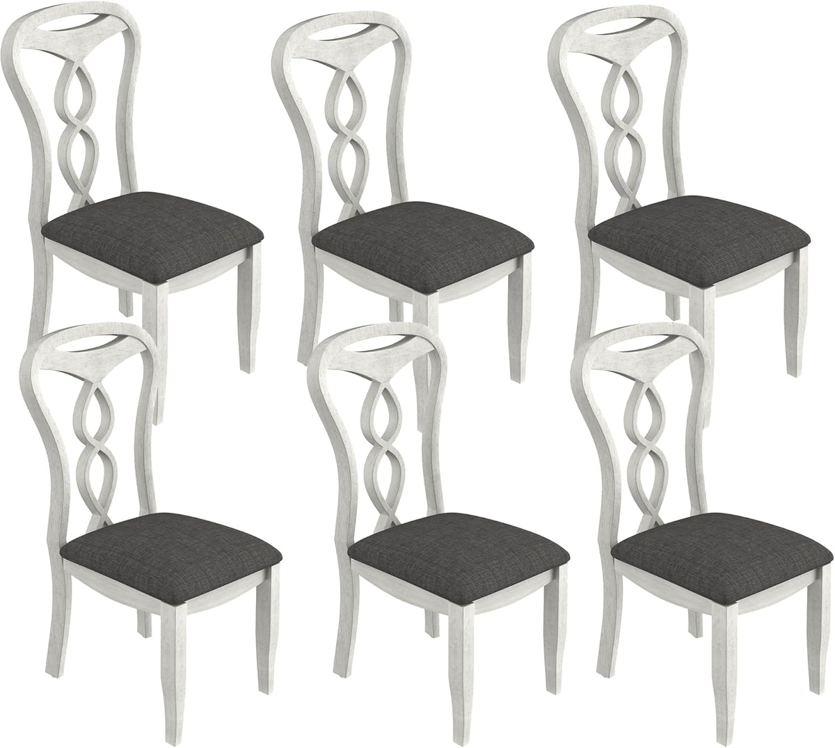 Solid Wood Dining Chair Set of 6, Kitchen Dining Room Chair with Upholstered Cushion & Wooden Legs, Modern Wood Side Chairs for for Kitchen, Washed Gray