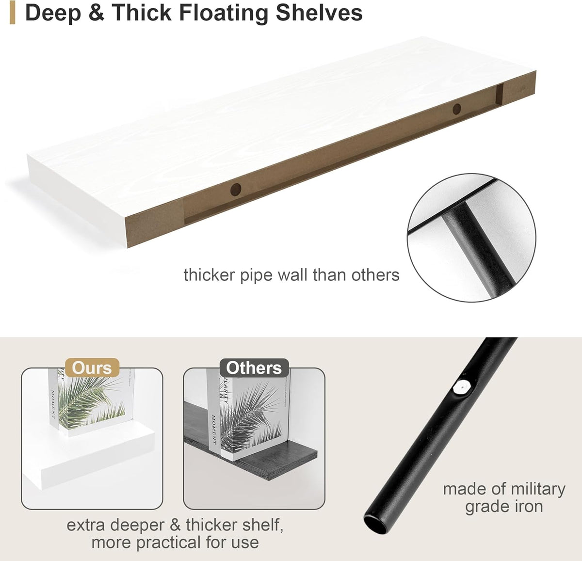Heimlove 12" Deep White Floating Shelves for Wall, 24 Inch Wall Shelf Bathroom Shelves Set of 1, Wall Mounted Shelves for Books Living Room Laundry Room Bedroom Kitchen Home Office