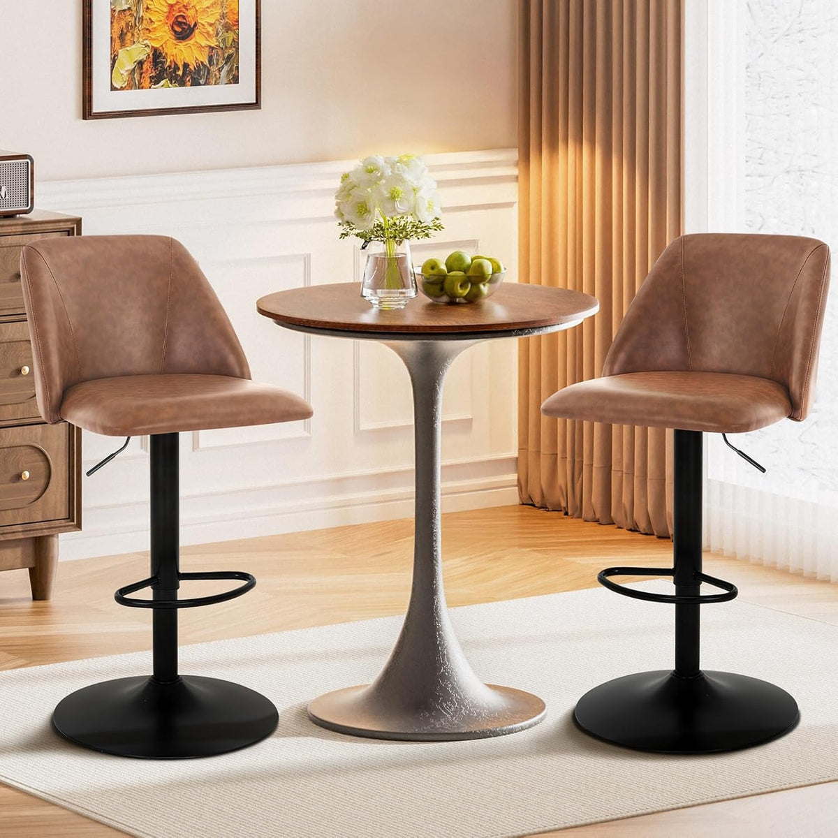 COLAMY Bar Stools Set of 4, Modern Swivel Bar Chairs, Adjustable PU Leather Upholstered Barstools Counter Height with Full Backrest for Bar, Dining Room, Kitchen Island, Brown
