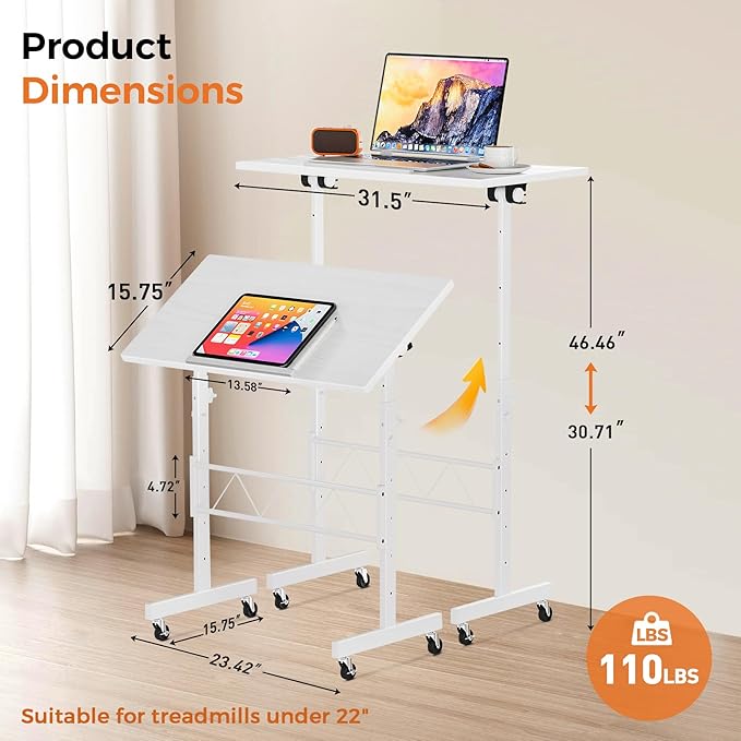 COMHOMA Small Standing Desk Adjustable Height & Tiltable Tabletop, Mobile Stand Up Desk for Laptop, Portable Computer Table for Home Office Work and Walking Pad Treadmill, Height 30.7"-46.4", White