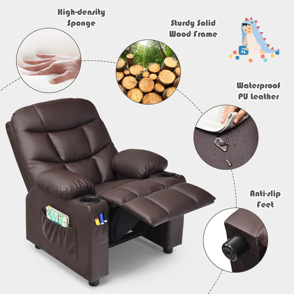 Costzon Kids Recliner Chair with Cup Holder, Adjustable Leather Lounge Chair w/Footrest & Side Pockets for Children Boys Girls Room, Ergonomic Toddler Furniture Sofa, Kids Recliner (Brown)