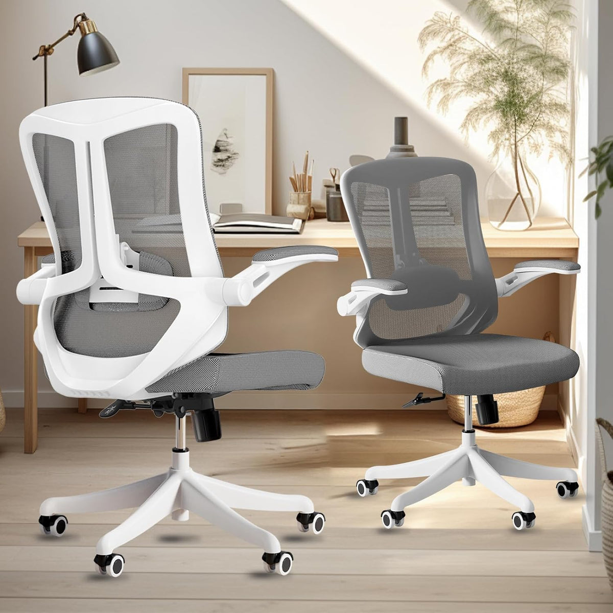 Computer Office Chair, Ergonomic Comfort Home Desk Chair, Mid Back Gaming Chair with Wheels, Adjustable Height, Lumbar Support, Flip-up Armrest with 350LBS Capacity