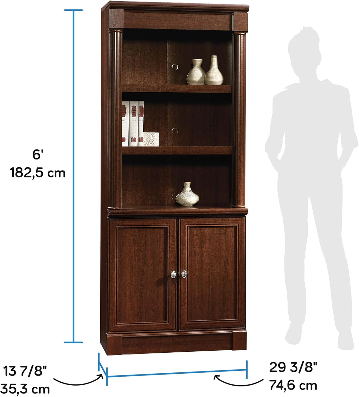 Sauder Palladia Book Shelf, Bookshelf with Storage, Library Bookcase with Doors and Adjustable Shelves, L: 29.37" x W: 13.90" x H: 71.85", Select Cherry