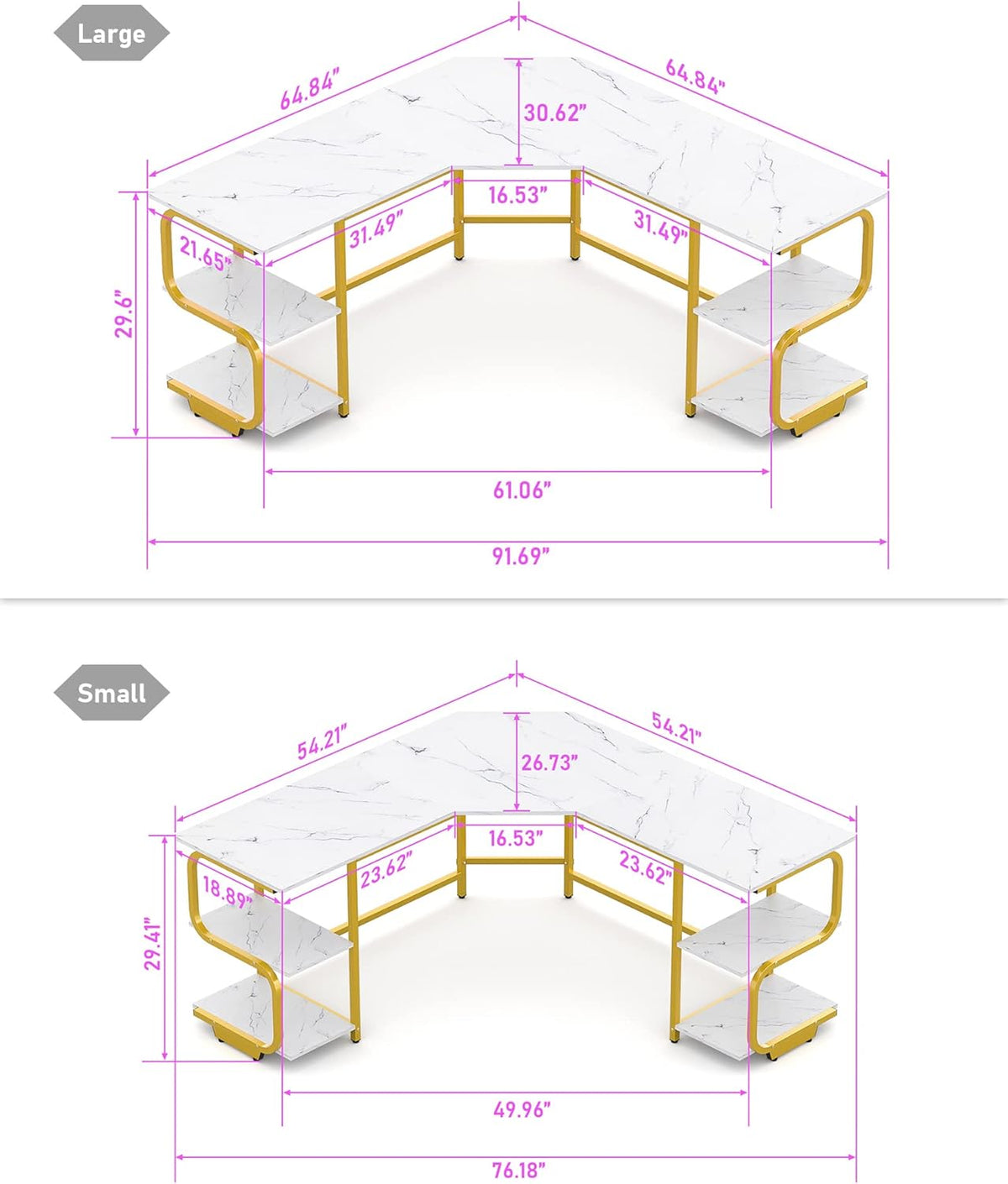 Teraves Modern L Shaped Desk with Shelves,64.84" Computer Desk/Gaming Desk for Home Office,Corner Desk with Large Desktop (White Marbling+ Gold Frame, Large+4 Tier Shelves)