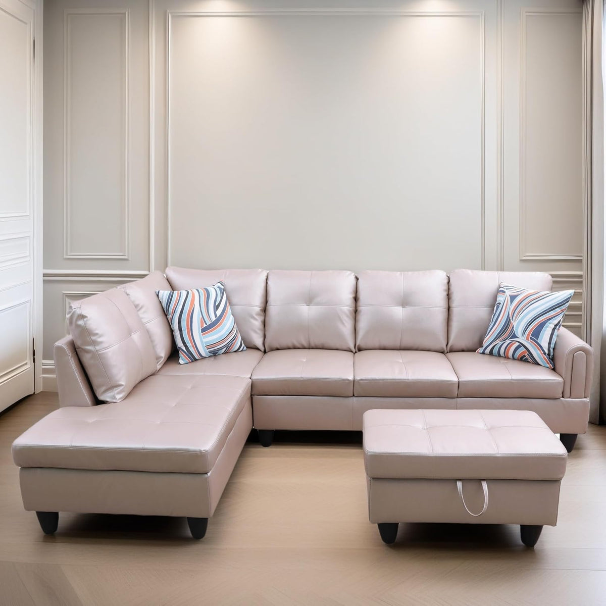 L Shaped Sectional Couches, Leather Couch Modular Sectional Sofa with Ottoman Storage, Modern L Shaped Couch with Chaise for Living Room Bedroom Apartment Furniture, Gray