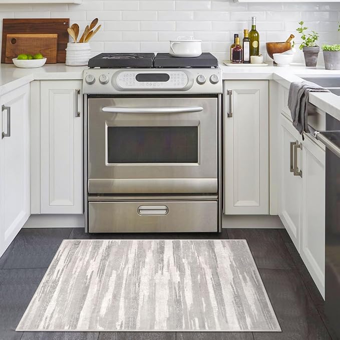 Lansny Modern Abstract Entryway Rug Indoor 2x3 Neutral Washable Non-Slip Soft