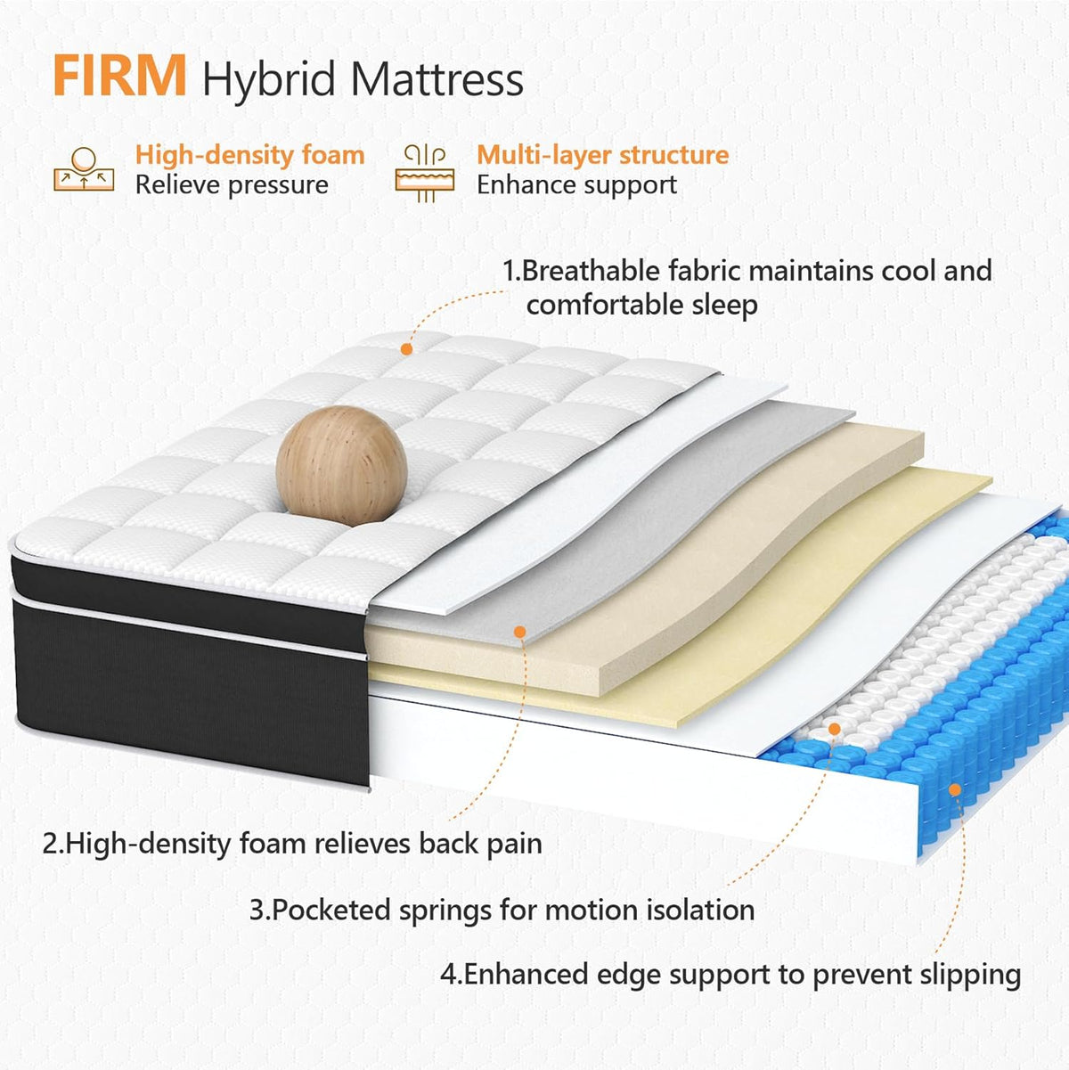 Firm King Size Mattress, 12 Inch Hybrid King Bed Mattress with Gel Memory Foam and Pocket Springs, Comfort Bed in a Box, Pressure Relief and Motion Isolation, 365-Night Trial, CertiPUR-US