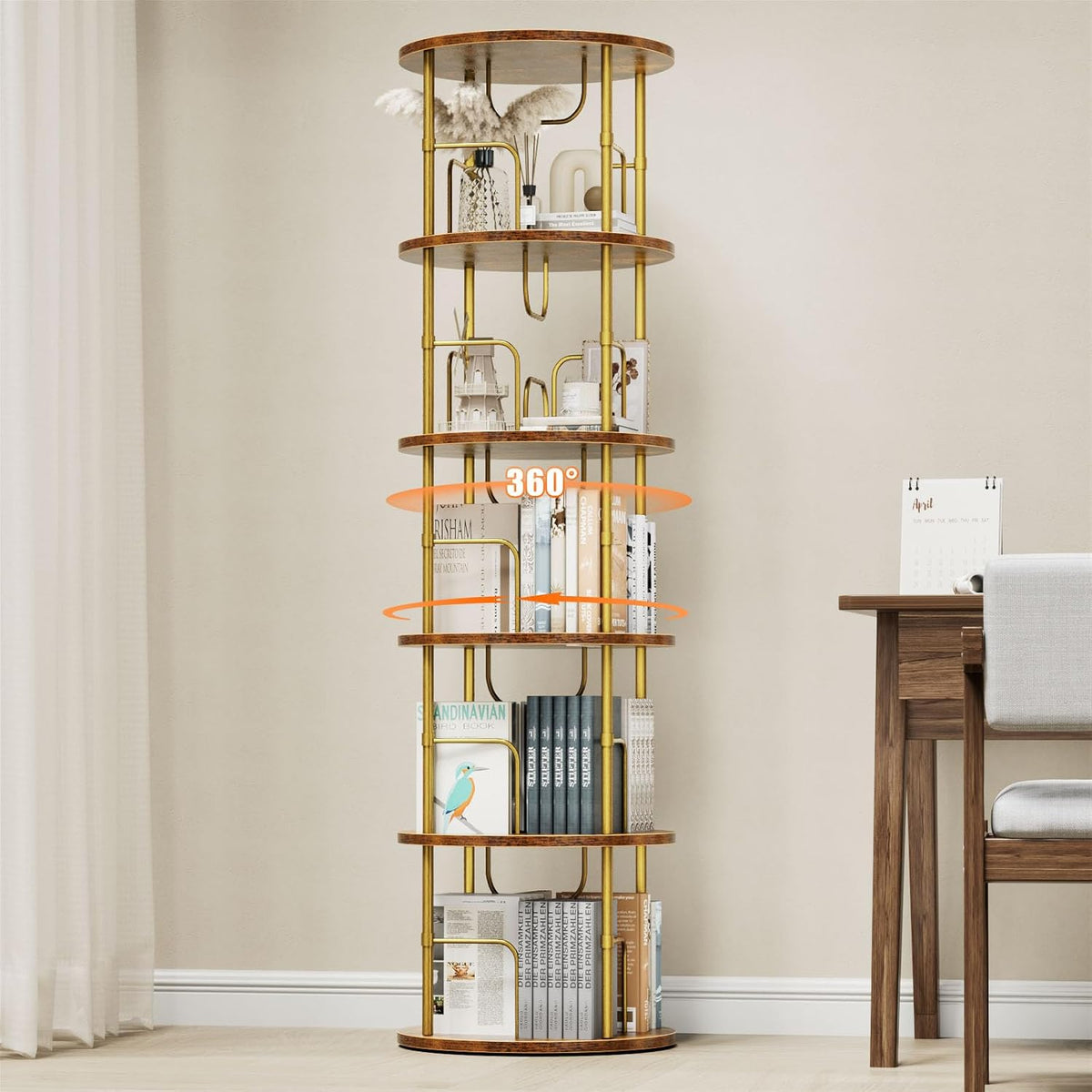 5 Tier Rotating Bookshelf, 360 ° Display Stackable Spinning Bookshelf Tower, Narrow Space Saving Tall Floor Standing Swivel Bookcase Corner Storage Organizer for Bedroom, Living Room, Gold
