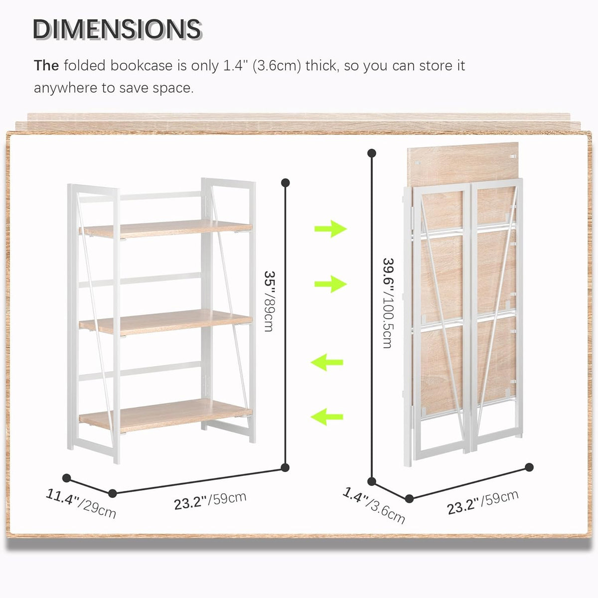 4NM No Assembly 3 Tiers Book Shelves, White Folding Bookshelf Bookcase Open Industrial Foldable Shelves for Bedroom, Living Room, Home Office - Natural White
