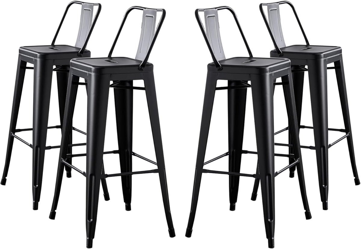 AC Pacific 30” Metal Barstool Set of 4 – Country Rustic Style with Low Back, Lightweight & Sturdy Build, Easy Assembly – Matte Black