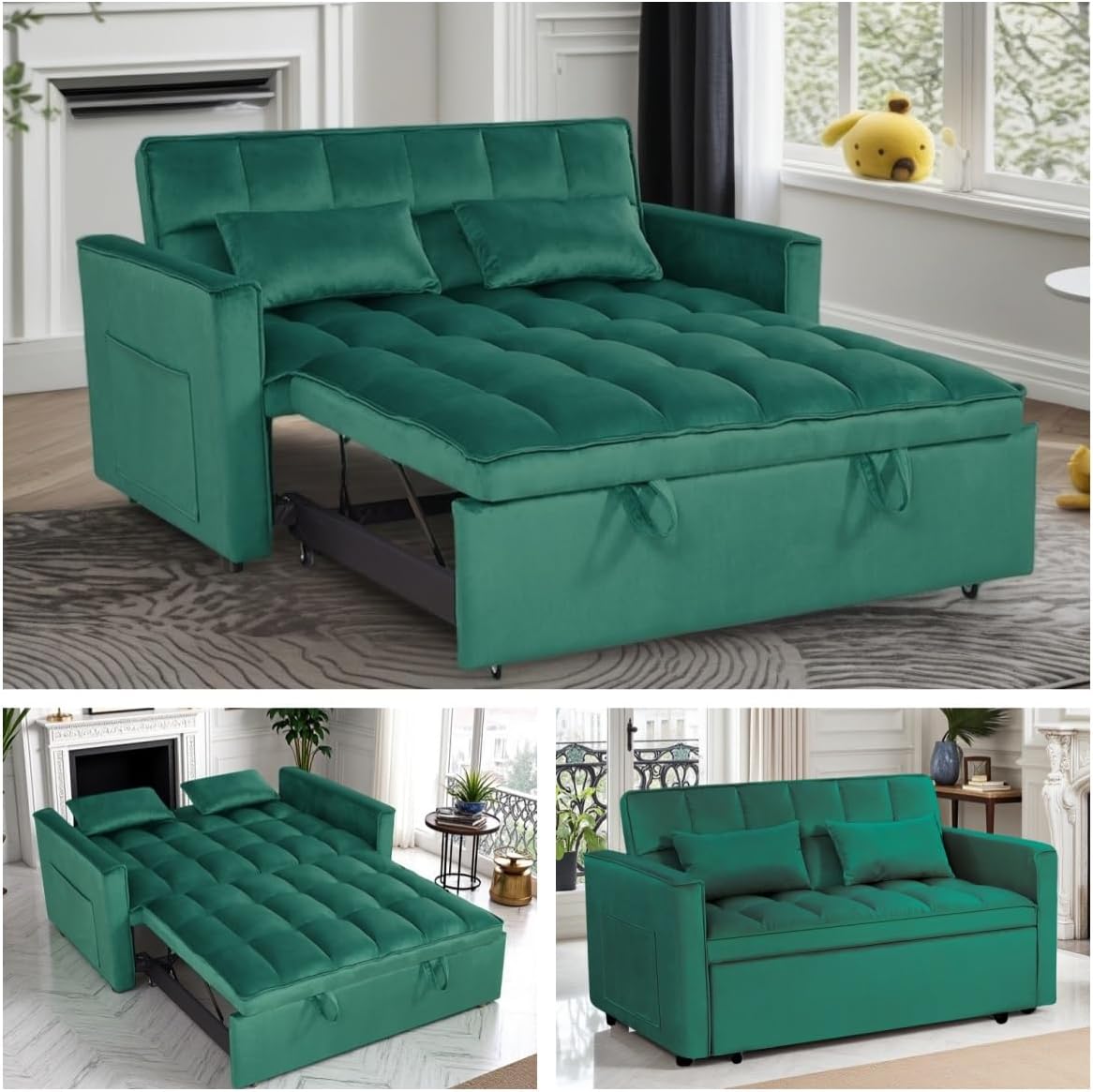3 in1 Sofa Bed, Pull-Out Sleeper Sofa Bed with 3-Level Adjustable Backrest, Velvet Fabric Convertible Love Seat Sleepers Beds for Living Room & Bedroom & Apartment, Green