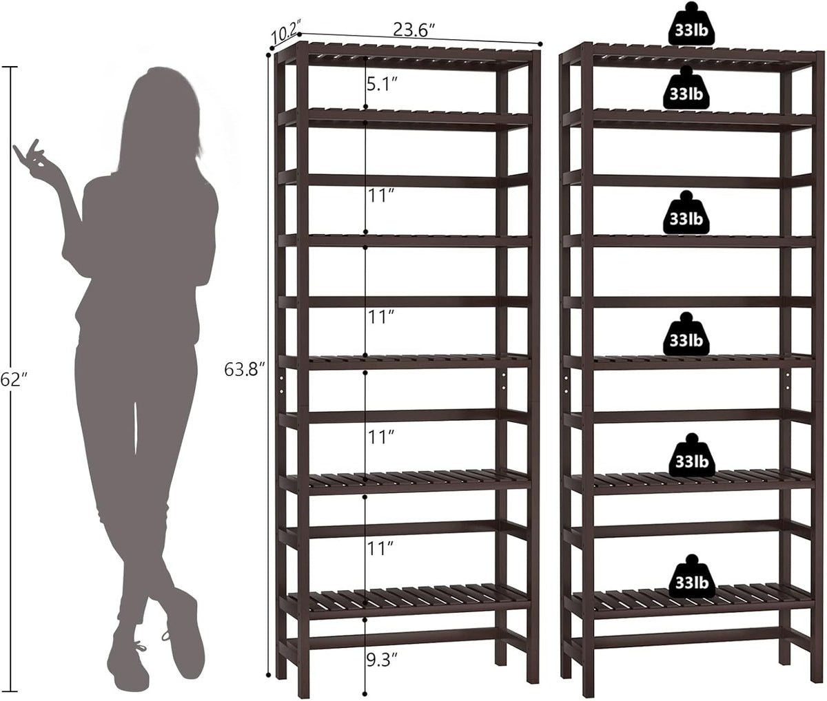 Homykic 6-Tier Bamboo Bookshelves and Bookcases, Adjustable 63.4”Tall Shallow Book Shelf Organizer Rack, Freestanding Storage Shelving Unit for Living Room, Kitchen, Bathroom, Office, Espresso