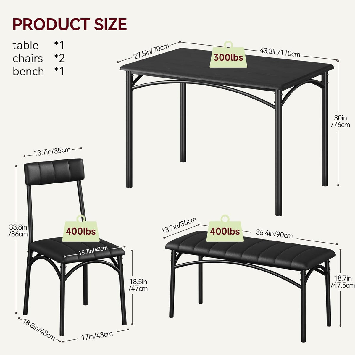 Garvee Dining Table Set for 4, Kitchen Table with Upholstered Bench and 2 Chairs, 4-Piece Wooden Dining Table Set for Apartment, Dining Room, Small Space, Black