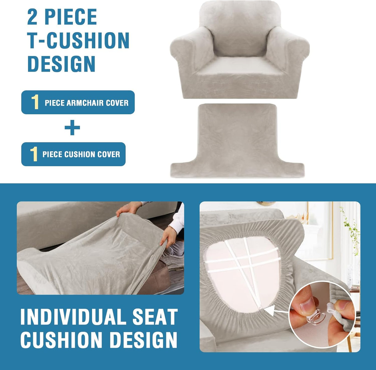 H.VERSAILTEX Sofa Cover 2 Piece T Cushion Armchair Slipcovers Thick Velvet Couch Cover Stretch T Cushion Sofa Covers for 1 Cushion Couch with 1 Individual T Cushion Covers Washable, Oatmeal