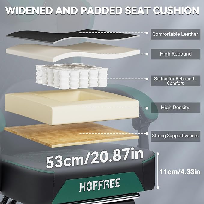 HOFFREE Gaming Chair with Speakers Massage Computer Gaming Chair with Pocket Spring Cushion for Adults Reclining Gamer Chair with Bluetooth Video Game Chairs with Footrest Green and Black