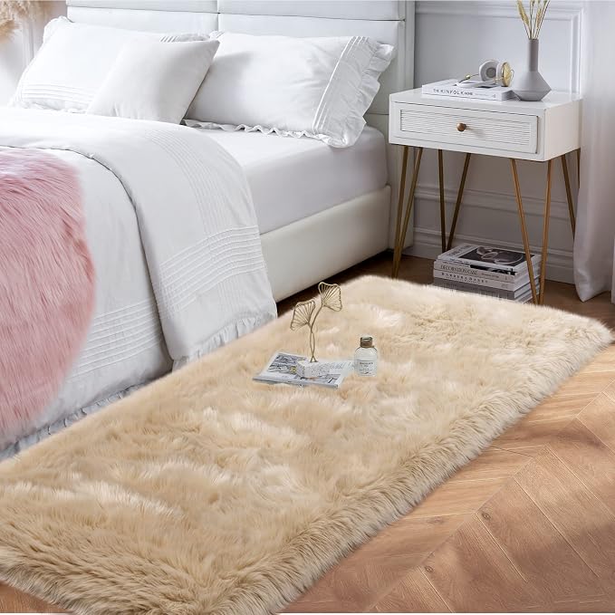 Beige Fluffy Rug for Bedroom, Soft Shag Rug for Sofa Couch Cushion, Cozy Shaggy