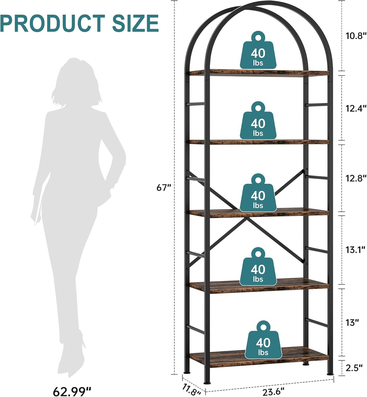 Shintenchi Bookshelf, Arched Bookshelf 5 Tier Bookcase, Tall Shelf for CDs/Books, Home Office Shelf Storage Organizer, Modern Book Shelf for Bedroom/Living Room, Rustic Brown