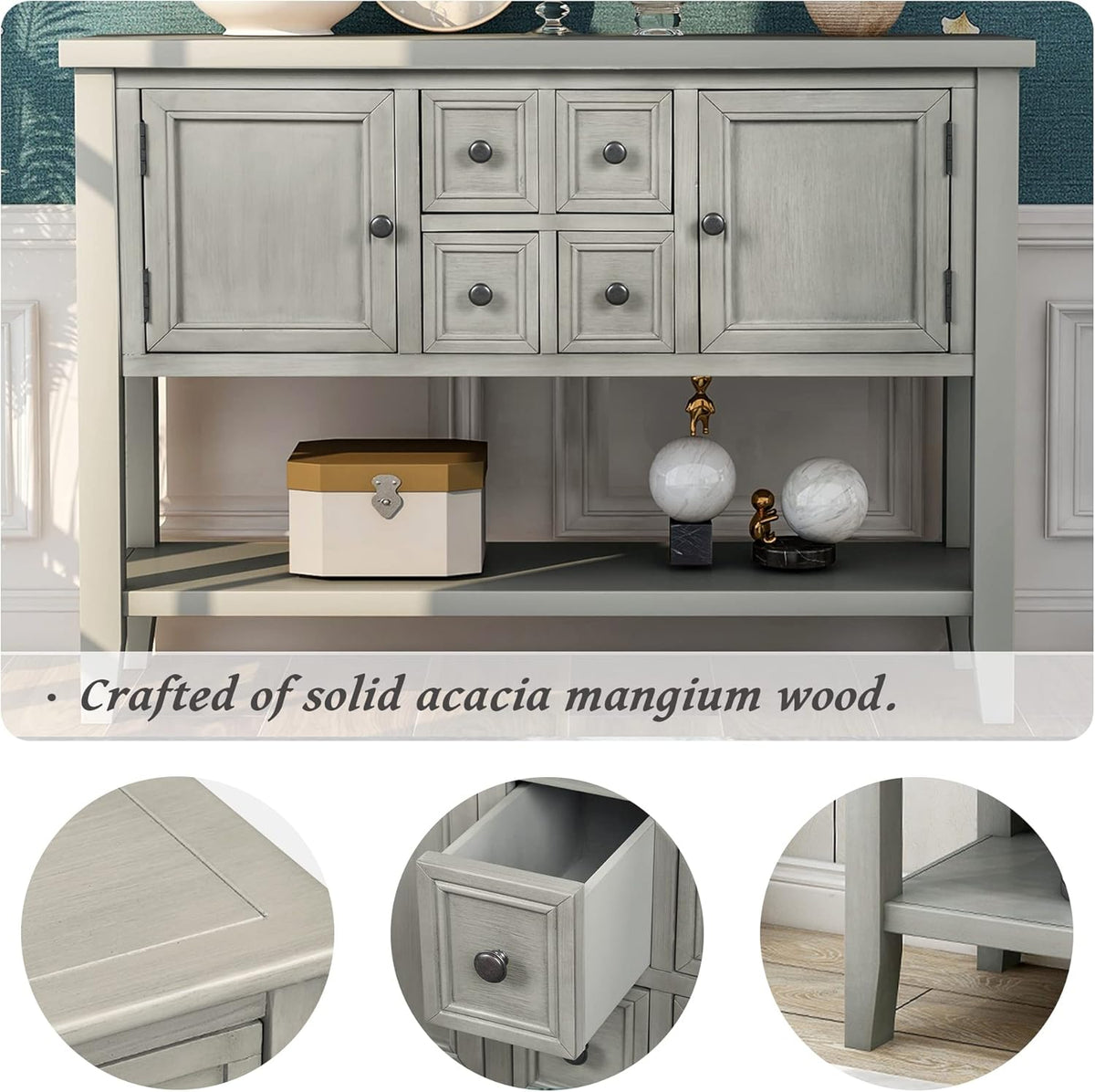 Merax Modern Wood Buffet Table with Storage Shelf, 2 Drawers and 2 Cabinets Buffet Coffee Bar Cabinet for Living Room Dinning Room Kitchen (Antique Gray)