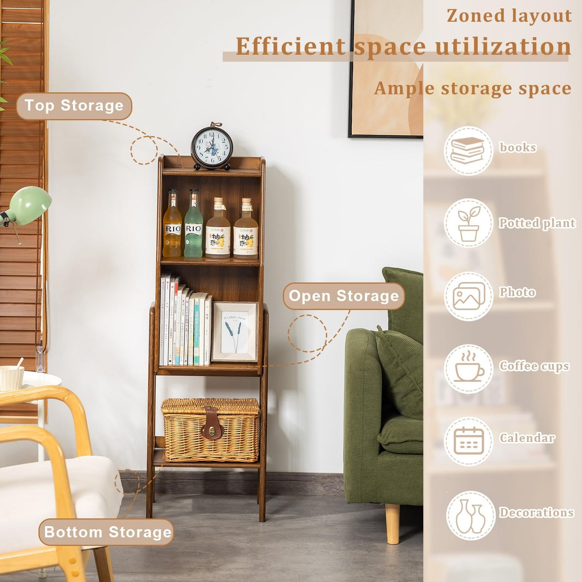 3-Tier Bamboo Bookshelf - Wood Bookcase Organizer with Open Shelves for Living Room & Home Office-Walnut Medium