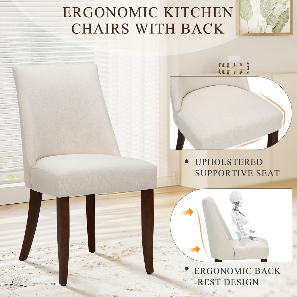 COLAMY Upholstered Dining Chairs Set of 2, Mid Century Modern Kitchen Chairs with Back, Farmhouse Fabric Side Dining Room Chairs with Wood Legs for Dining Room Restaurant, Beige