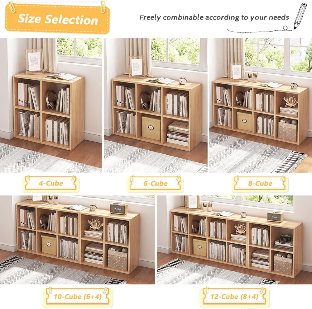 4 Cube Organizer Bookcase - Fabric Storage Bins Container, Open Shelf Simple Compartments Bookshelf, Oak