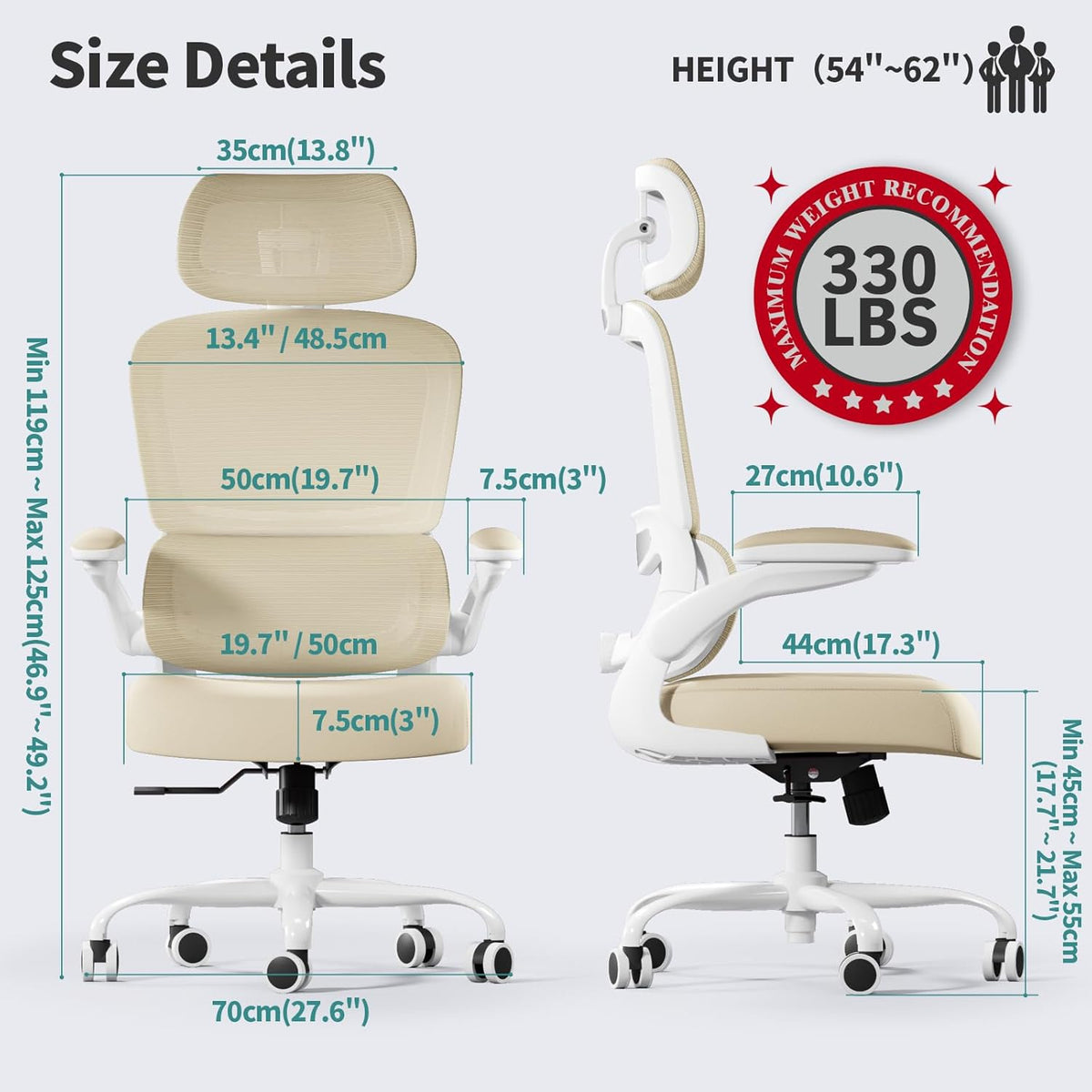 TRALT Office Chair Ergonomic Desk Chair, 330 LBS Home Mesh Office Desk Chairs with Wheels, Comfortable Gaming Chair, High Back Office Chair for Long Hours (Beige)