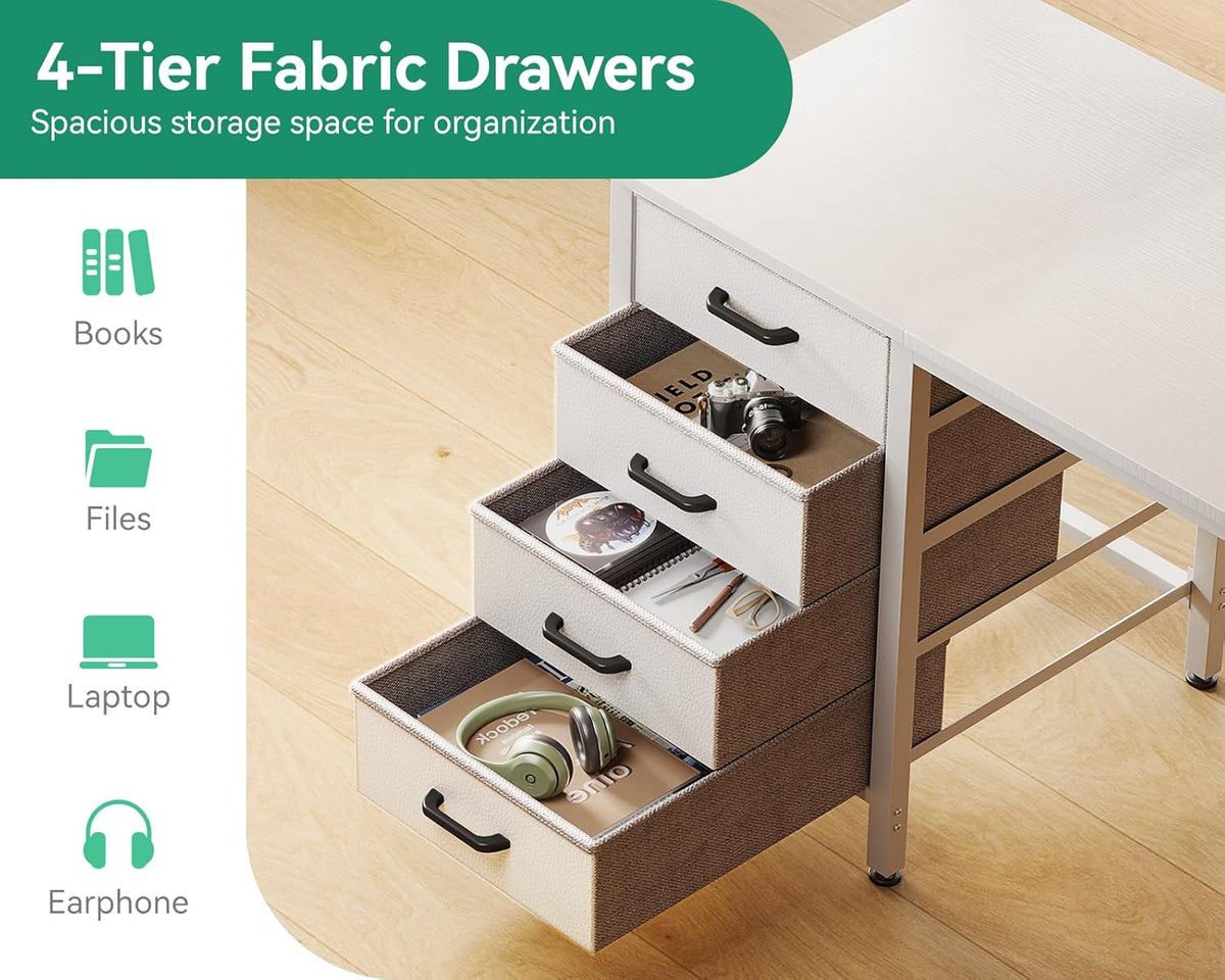 Casaottima 32 inch Small Computer Desk with 4 Fabric Drawers, Side Hook and Cloth Bag, Kids Study Table for Bedroom and Small Space, Pure White